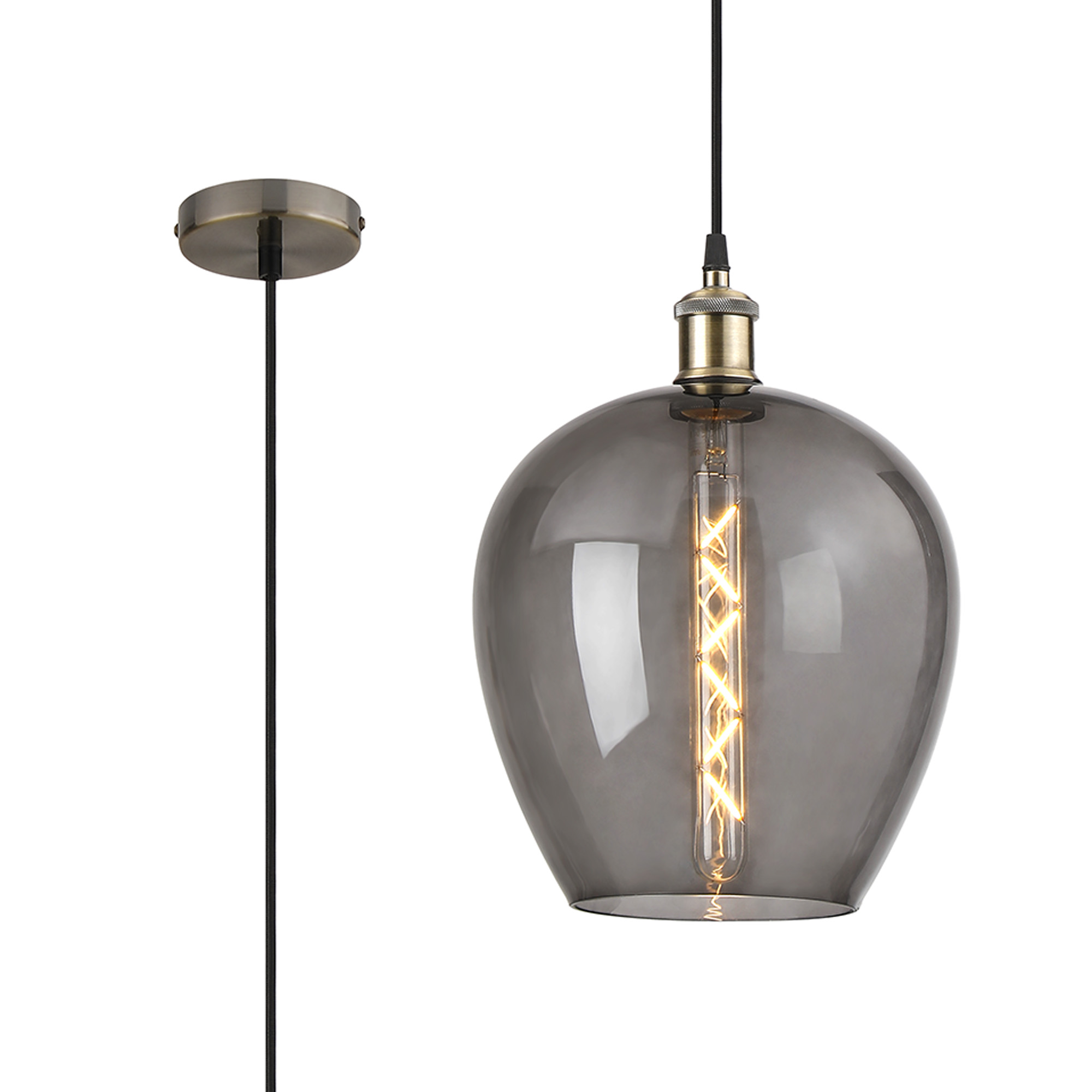 DK1107  Cawdor Single Pendant, 1 Light E27, Antique Brass/Black/Smoke Wine Glass